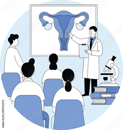Reproductive health lecture, anatomy education, uterus diagram, medical training, classroom learning, scientific context, flat vector illustration