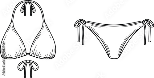 Bikini technical sketch set, triangle top and side-tie bottom, swimwear silhouette, black line drawing, flat vector illustration