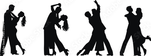 Ballroom dance couple silhouette set, elegant poses with formal attire, expressive movement icons, flat vector illustration
