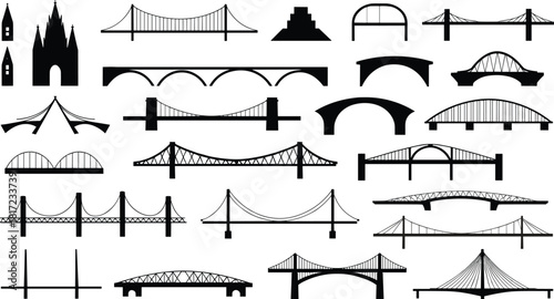 Bridge silhouette collection, architectural diversity, structural engineering styles, suspension and arch forms, global infrastructure, flat vector illustration