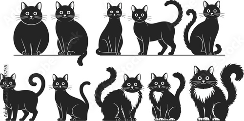 Black cat silhouette set, cartoon style, fur texture variations, tail positions, expressive feline poses, flat vector illustration