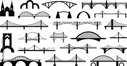 Bridge silhouette set, structural engineering styles, architectural diversity, suspension and truss designs, global infrastructure, flat vector illustration