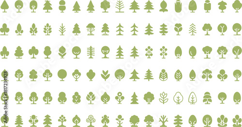 Massive Set of Simple Green Tree Icons in Flat Style for Nature, Landscape, and Ecology Graphic Design.