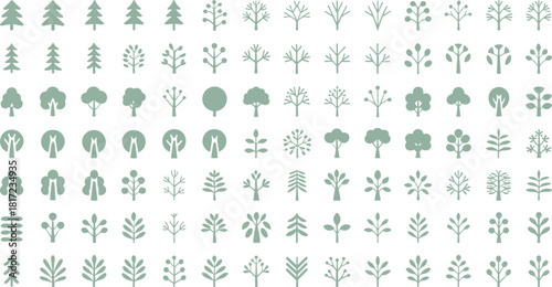 Massive Vector Set of Minimalist Green Tree and Plant Icons, Featuring Abstract Pine, Deciduous, and Shrub Shapes.