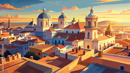 Very beautiful aerial panoramic view of the old city rooftops and the Cathedral de Santa Cruz in Cádiz, Andalusia, captured in soft morning light from the historic Tavira Tower, showcasing warm tones 
