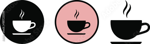 Vector Set of Hot Beverage Icons Featuring Steaming Tea Cups and Pots in Minimalist Outline and Color Silhouette Badges for Cafe and Tea Shop Logos.