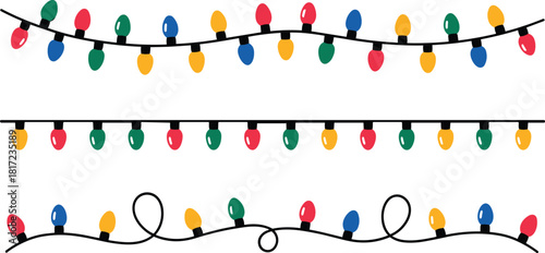 Vector Set of Three Christmas and Holiday String Light Borders with Red, Green, Yellow, and Blue Bulbs for Festive Decoration and Backgrounds.