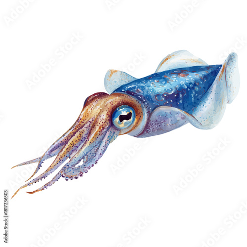 Watercolor Squid vector, artistic painting style, high-resolution illustration on a pure white background.