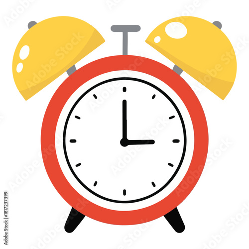 Cartoon Alarm Clock with Red Body and Yellow Bells at 3 O’Clock