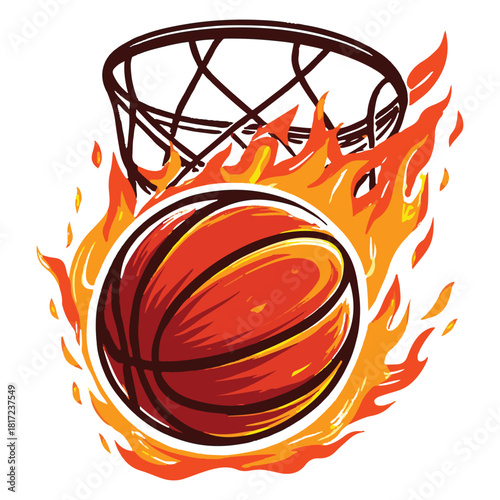 Flaming Basketball Slam into Hoop with Intense Motion