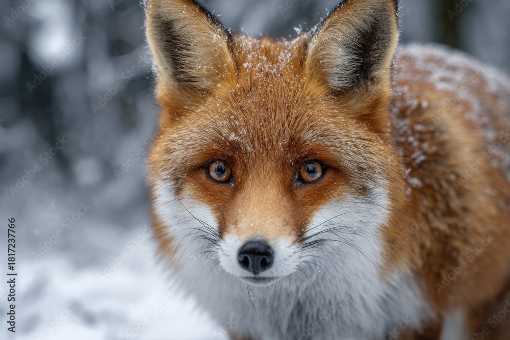 Fototapeta premium A red fox is captured in a snowy landscape, its bright fur contrasts beautifully with the white snow. The fox looks directly at the viewer, showcasing its keen eyes and alert expression