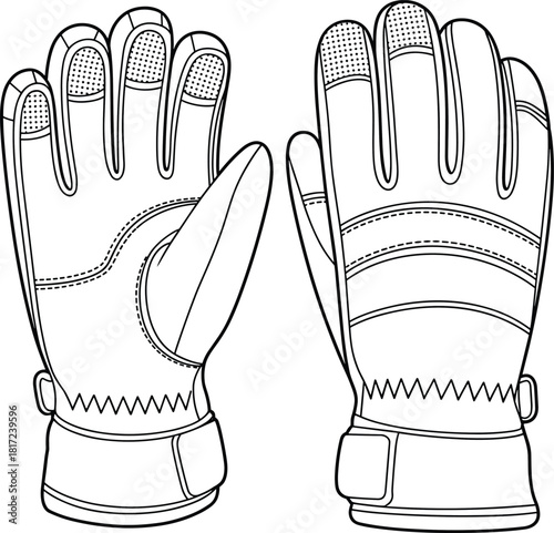 Cold-weather glove design, reinforced stitching, textured grip fingers, ergonomic outdoor gear silhouette, flat vector illustration