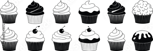 Cupcake silhouette set, frosting and topping variations, black and white dessert icons, stylized bakery treats, flat vector illustration