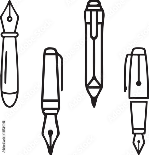 Line drawing illustrations of classic pens writing implements and drafting pens set