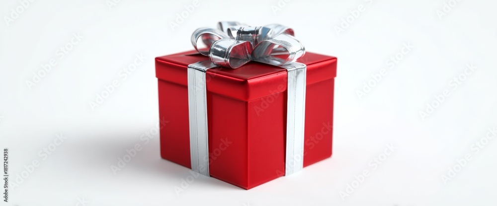 Obraz premium A bright red gift box with a shiny silver bow is placed on a smooth white surface. This festive decoration adds a cheerful touch for birthdays or holidays