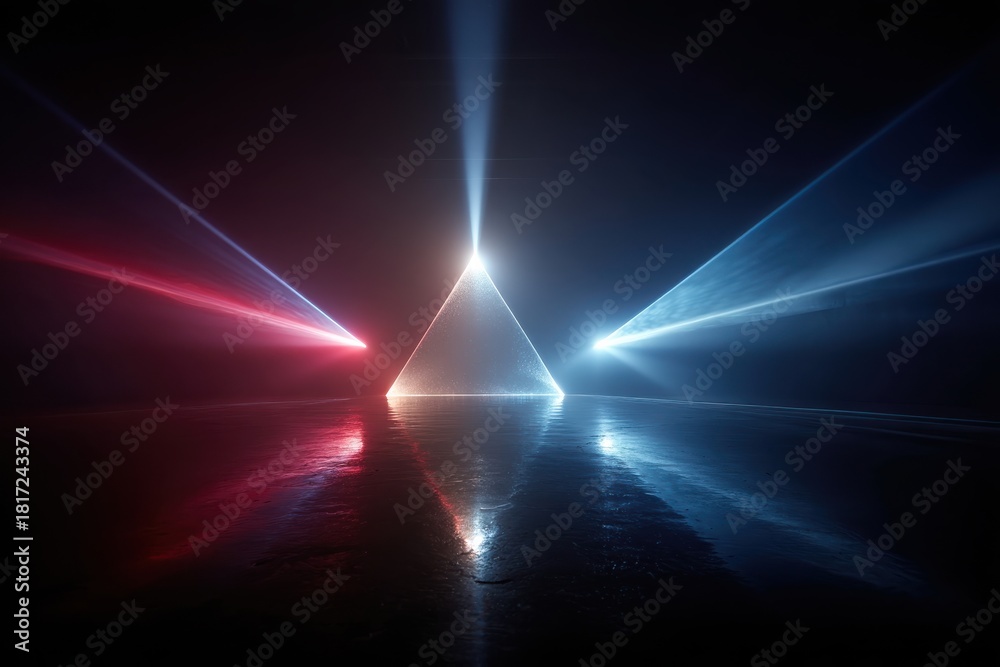 Fototapeta premium Two diagonal laser beams cross in red, blue and white against a black cosmic background