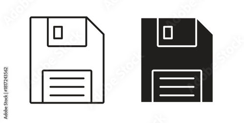 Floppy disk icon in line design and solid black and white colors for designs