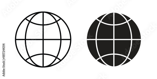 Globe icon in line design and solid black and white colors for designs