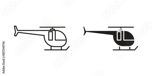 Helicopter icon in line design and solid black and white colors for designs