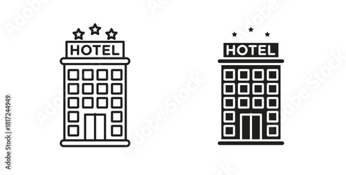 hotel icon in line design and solid black and white colors for designs