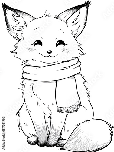 A charming line-art sketch of a fox wearing a cozy scarf, perfect for coloring books or character design