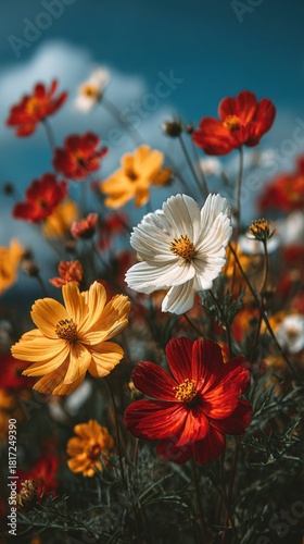 Bright cosmos flowers in mixed colors glowing in warm sunlight