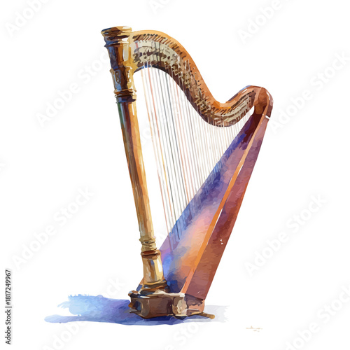 Harp watercolor vector, hand-painted style, high-quality illustration isolated on white background.