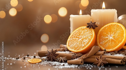 Warm orange with cloves and cinnamon sticks illuminated by soft candlelight
