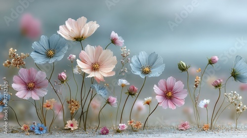 Gentle pastel meadow flowers arranged in airy minimalist scene