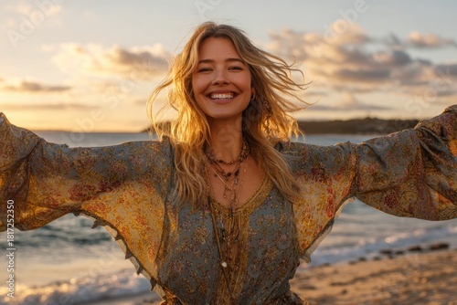 Joyful woman embracing nature at sunset on the beach.