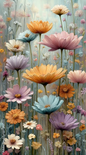 Tall blooming wildflowers painted in rich pastel impression