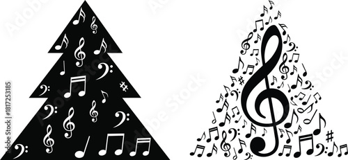 Musical Christmas Tree Silhouette with Notes Vector