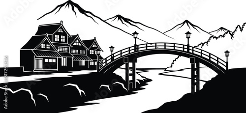 Japanese Bridge Landscape Village Silhouette Vector