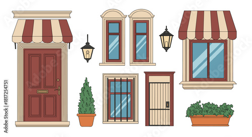 A classic collection of European style architectural elements includes doors windows lanterns and potted plants for creating charming facades.