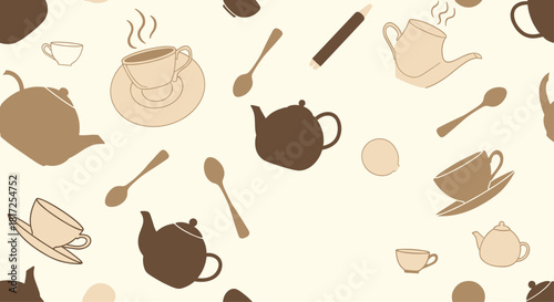 A charming and seamless background pattern features various teapots cups saucers and spoons in calming brown tones for a cozy tea time theme.
