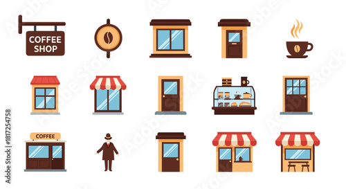 A collection of coffee shop themed icons includes storefronts doors signs a display case and a hot cup of coffee for cafe branding.