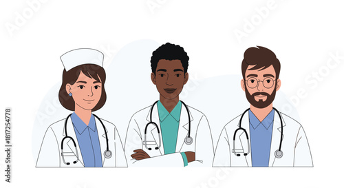 A diverse and professional medical team of a female nurse and two male doctors one of whom is black stands together smiling confidently.
