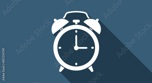 A classic white alarm clock icon with a long shadow effect is displayed on a dark blue background representing time and deadlines.