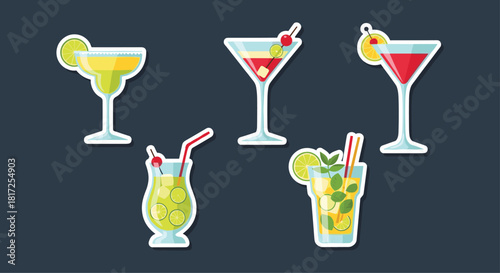 Set of five vibrant and refreshing cocktail stickers featuring classic drinks like mojitos and martinis on a dark gray backdrop.