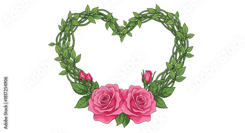 Beautiful heart-shaped floral wreath made of green vines and leaves with two lovely pink roses at the bottom for romance.