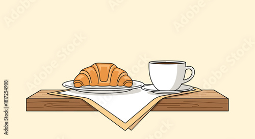 Simple cartoon illustration of a classic French breakfast with a fresh croissant and a cup of hot coffee on a wooden tray.