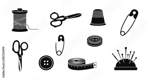Collection of black silhouette sewing and tailoring icons including scissors thread and a thimble on a white background.