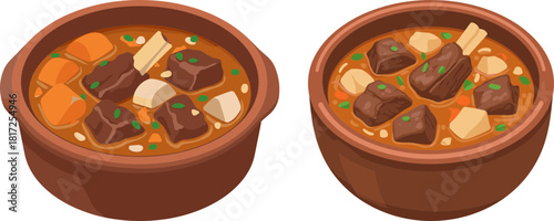 Two bowls of hearty beef stew filled with carrots, potatoes, and green herbs, isolated on a transparent background