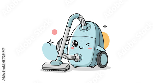 Adorable kawaii-style vacuum cleaner character winking and sparkling representing cleanliness and housework on a white background.