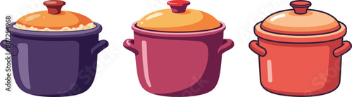 Three colorful cooking pots with lids on transparent background for kitchen, bright, cheerful design, showcasing different sizes and styles, suitable for culinary themes or kitchen decor.