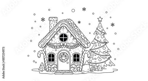 Black and white coloring page illustration of a festive gingerbread house and Christmas tree under gentle falling snowflakes.