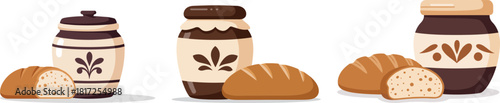 Artistic illustration of bread loaves and jars with traditional designs isolated on a transparent background for culinary and bakery themed projects