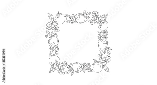 Square decorative frame made from hand-drawn apples and rowan berries with leaves in a simple black and white line art style.