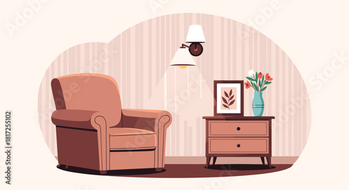 Cozy living room corner interior with a comfortable armchair a nightstand with flowers and a warm wall lamp for relaxation.