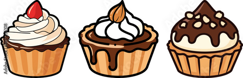 Three delicious cupcakes with cream frosting, decorated with cherries and nuts, isolated on a transparent background, showcasing delightful flavors and textures for dessert lovers